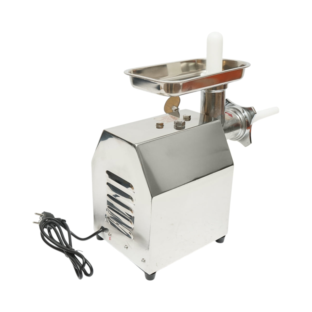 Elektromos húsdaráló rozsdamentes acél 600W, 220V, 100 kg/h kapacitás, kolbászadapter, 2 szita és 2 kés tartozékkal 340x185x365mm