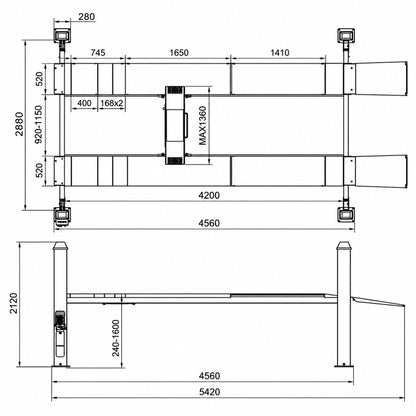 4 oszlopos autó emelő 380V, 2.2kW, 3500kg emelési kapacitás, 1600mm emelési magasság