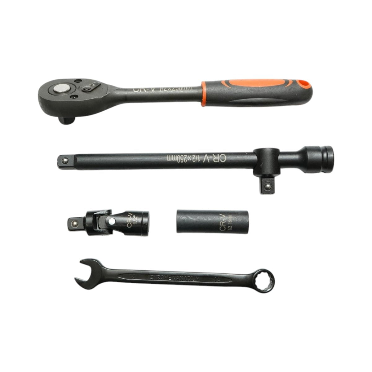 Csőkulcs készlet 8-32mm és fix-gyűrűs kombinált kulcsok 6-19mm, racsnis hajtás, T-hosszabbító 250mm, kardántengely 1/2 inch Cr-V 37 darabos Breckner Germany