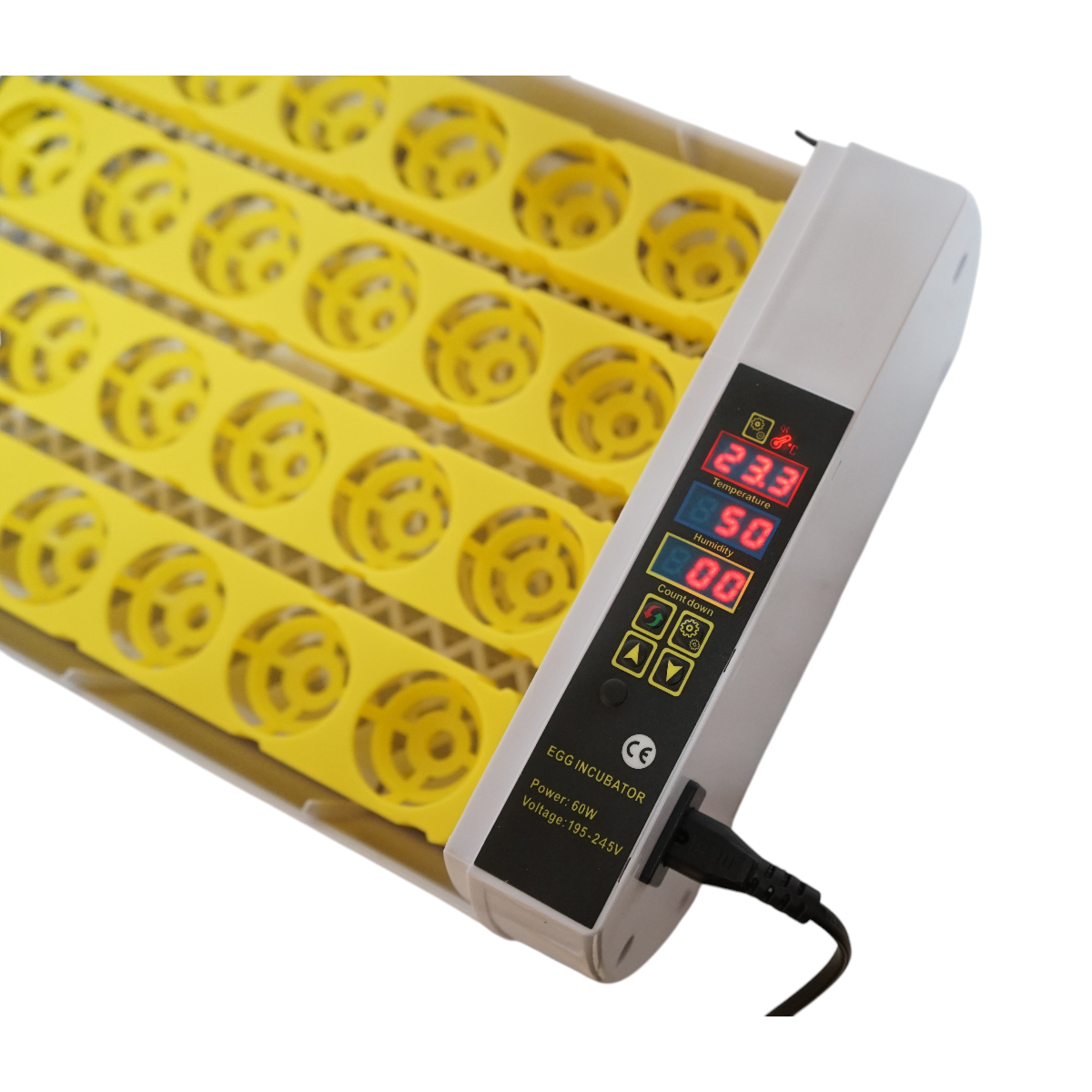 Automatikus keltető 24 tojás 60W, 220V, automatikus forgatással, hőmérséklet-szabályozással, páratartalom-szabályozással, digitális kijelzővel, LED megvilágítású tálcával.
