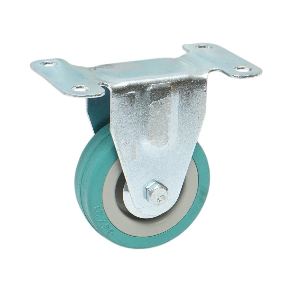 Rögzített kerék 65x19mm fék nélkül, kék tömör gumi, acél lemez 100x59mm 35kg