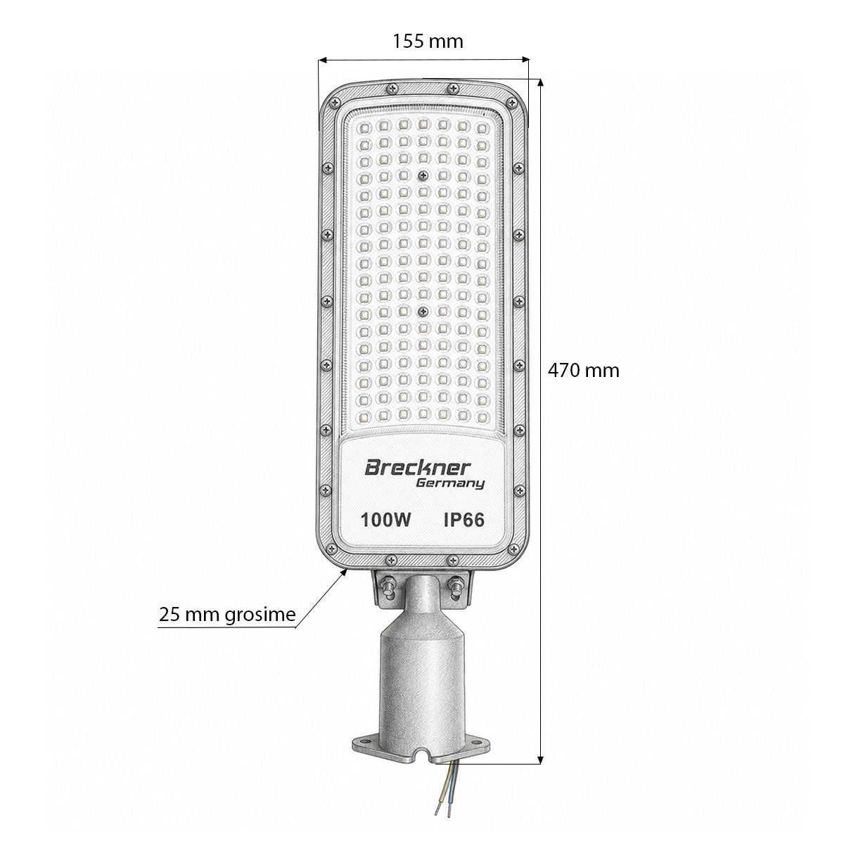 LED közúti világítólámpa 100W, 100-265V, 6500K, 11000lm oszlopra szerelhető 470x155x25mm IP66 Breckner Germany