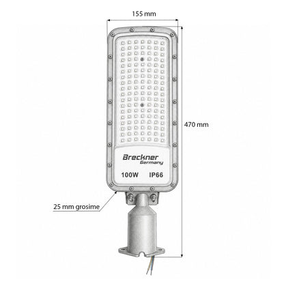 LED közúti világítólámpa 100W, 100-265V, 6500K, 11000lm oszlopra szerelhető 470x155x25mm IP66 Breckner Germany