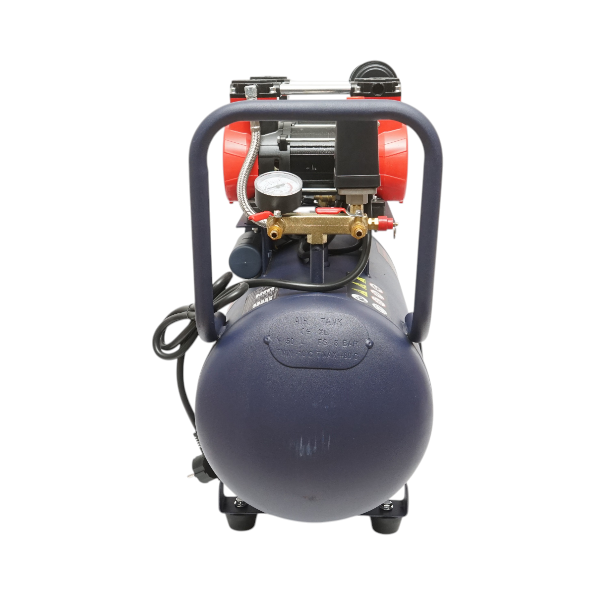 50L olajmentes légkompresszor, csendes, 2 motor 4 hengeres 1.5KW/2CP, maximális nyomás 8 bar, szívólevegő térfogat 170L/min