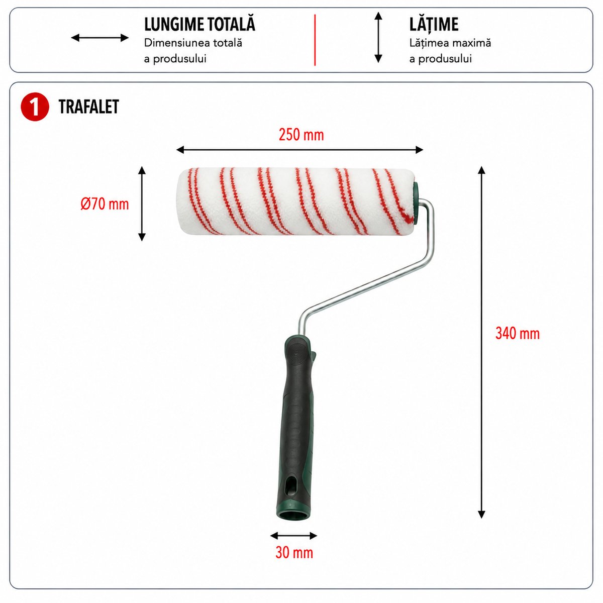 Poliészter festőhenger 25cm, 70mm-es hengerátmérő, 18mm-es drót, ergonomikus soft-grip 2k fogantyú Breckner Germany