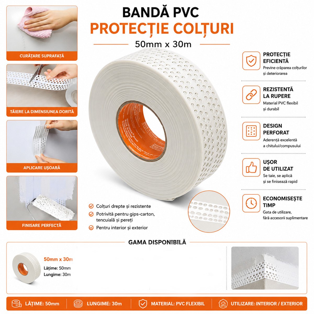 Sarokvédő szalag gipszkartónhoz 50mm x 30m PVC perforált öntapadós HighPower