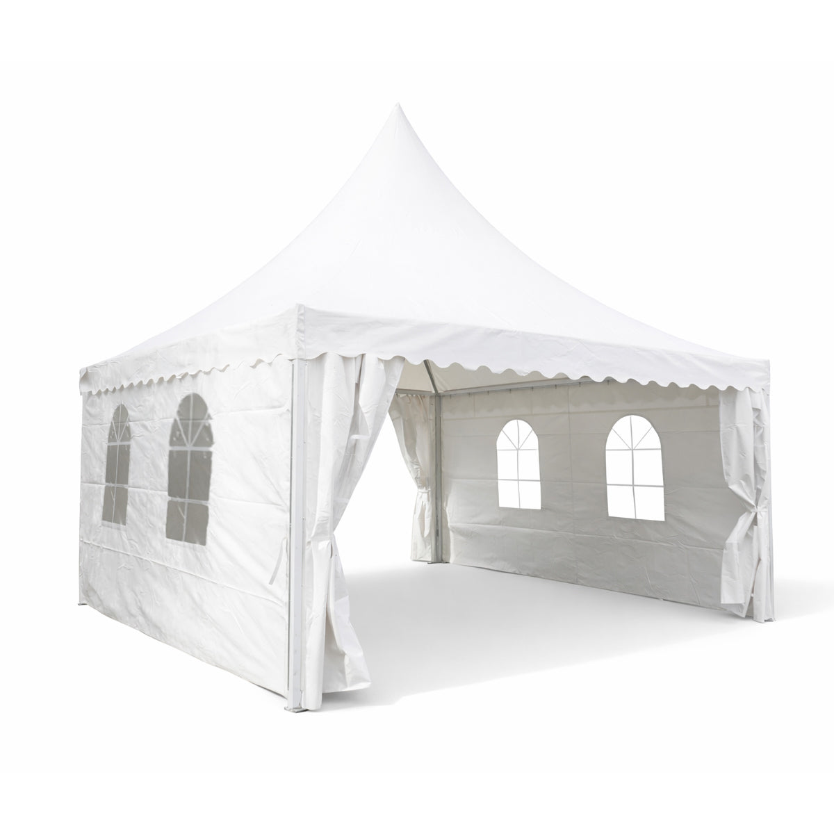 Pagoda típusú eseménysátor pavilon 5x5m, fehér UV-álló vízálló, PVC 750g/m2 tetőzet, acél-alumínium keret 48x48x2.5mm