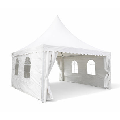 Pagoda típusú eseménysátor pavilon 5x5m, fehér UV-álló vízálló, PVC 750g/m2 tetőzet, acél-alumínium keret 48x48x2.5mm