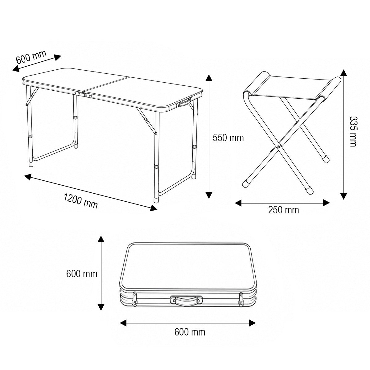 Összecsukható camping asztal szett 4 alumínium székkel, hordozható bőrönd típusú, magasságban állítható 120x60cm Breckner Germany