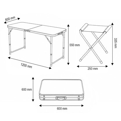 Összecsukható camping asztal szett 4 alumínium székkel, hordozható bőrönd típusú, magasságban állítható 120x60cm Breckner Germany