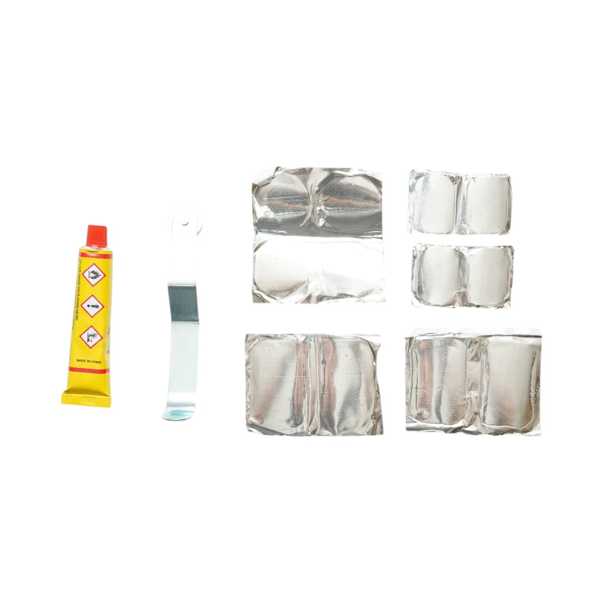 12 darabos gumifolt, defektjavító  gumiabroncsokhoz és belső tömlőkhöz 25x35mm, 35mm, 32x52mm + préshengerek + 1 db 20ml ragasztó tubus
