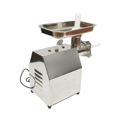 Elektromos húsdaráló rozsdamentes acél 850W, 220V, 150 kg/h kapacitás, kolbászadapter, 2 szita és 2 kés tartozékkal 380x210x415mm