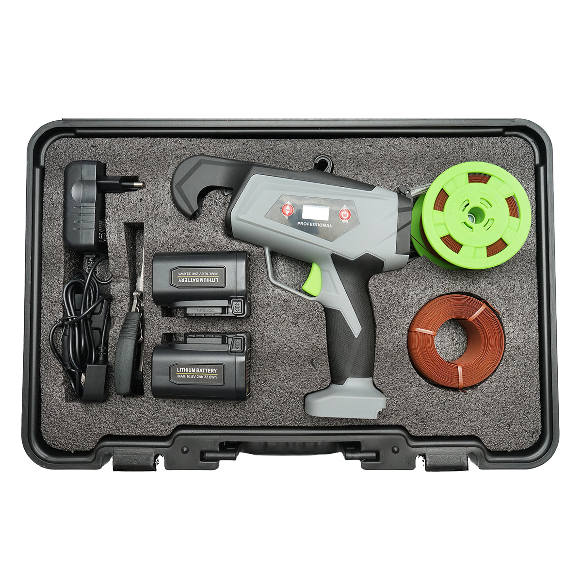 Elektromos szőlő, zöldség, fa kötözőgép 60W, Li-ion akkumulátor 16.8V, átmérő 25mm