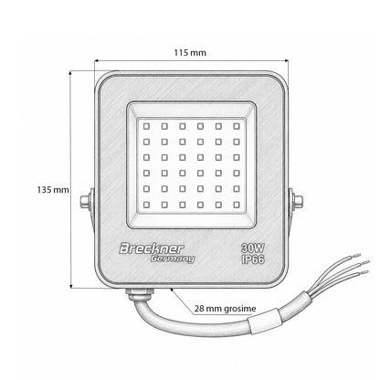 LED reflektor 30W, 220V, 6500K Flood típus 135x115x28mm IP66 Breckner Germany
