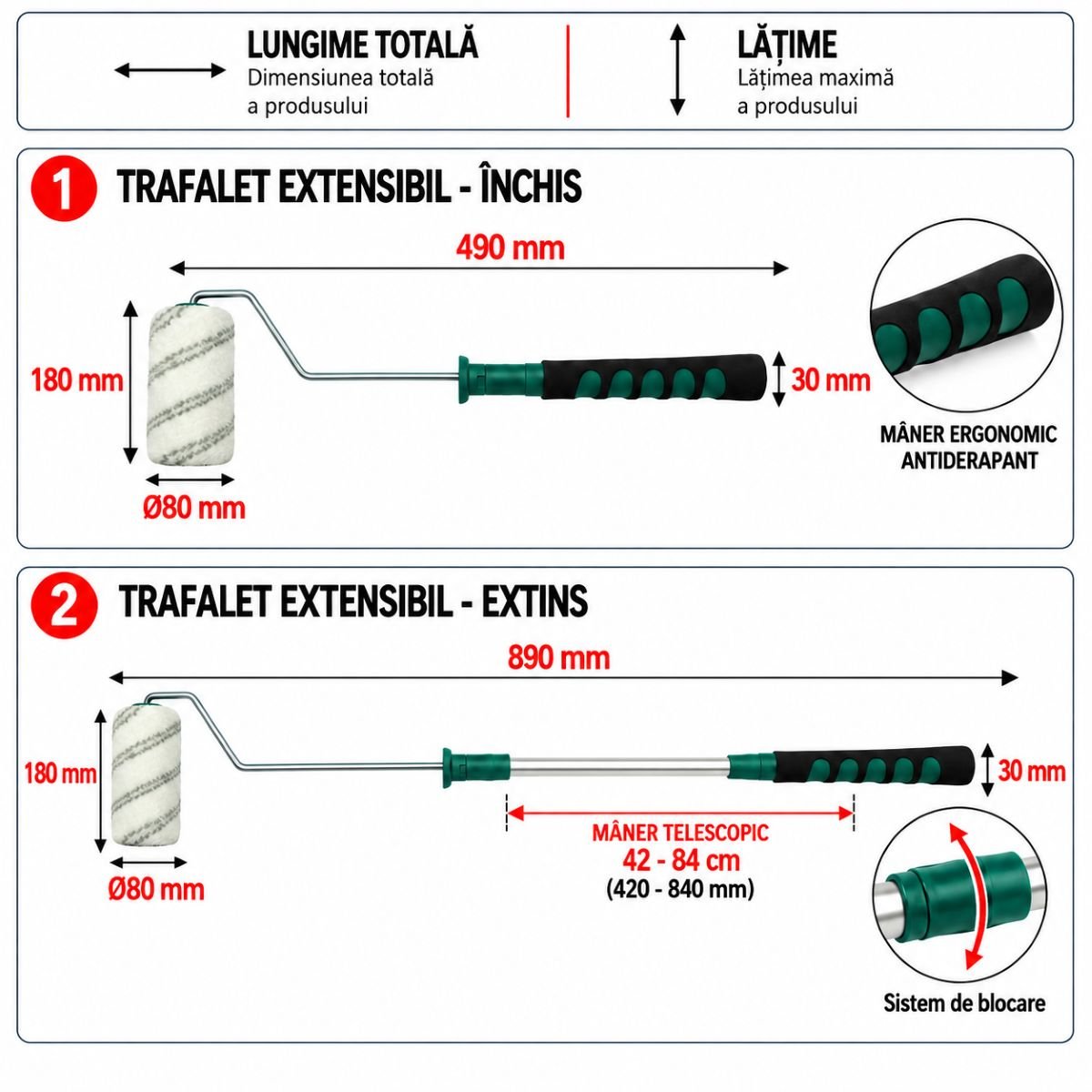 Poliakril festőhenger 18cm, hengerdátum 80mm, szál 18mm, teleszkópos alumínium nyél 42-84cm Breckner Germany