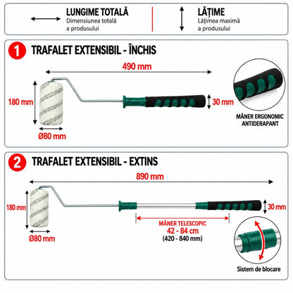 Poliakril festőhenger 18cm, hengerdátum 80mm, szál 18mm, teleszkópos alumínium nyél 42-84cm Breckner Germany