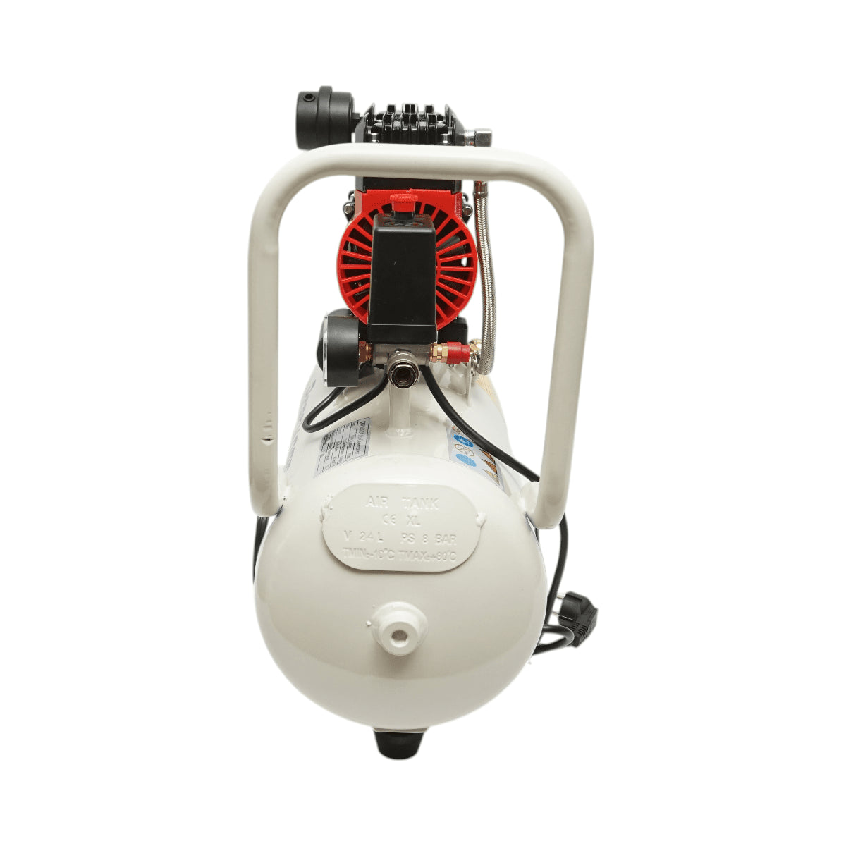 24 literes légkompresszor, 2 hengeres 1 kW/1,3 LE motor, maximális nyomás 8 bar, levegőbeömlési térfogat 130 l/perc Breckner Germany