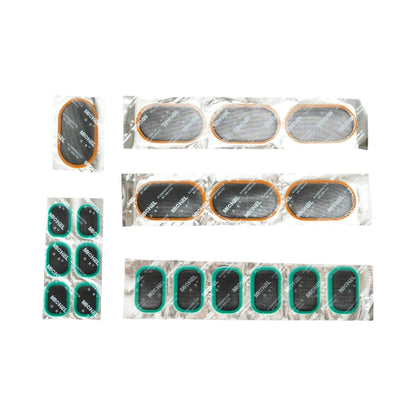 19 darabos vulkanizálási folt szett téglalap alakú 24x34mm, 6x32mm, 32x50mm, 45x75mm + 1 db 20ml ragasztó tubus Michel belső tömlőhöz