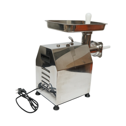 Elektromos húsdaráló rozsdamentes acél 2000W, 220V, 250 kg/h kapacitás, kolbászadapter, 1 szita és 1 kés mellékelve 410x240x450mm