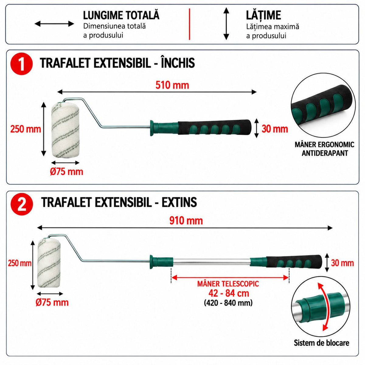 Poliakril festőhenger 25cm, henger átmérő 75mm, szál 18mm, teleszkópos alumínium nyél 42-84cm Breckner Germany