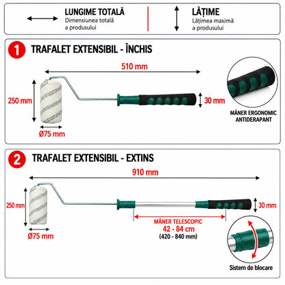 Poliakril festőhenger 25cm, henger átmérő 75mm, szál 18mm, teleszkópos alumínium nyél 42-84cm Breckner Germany