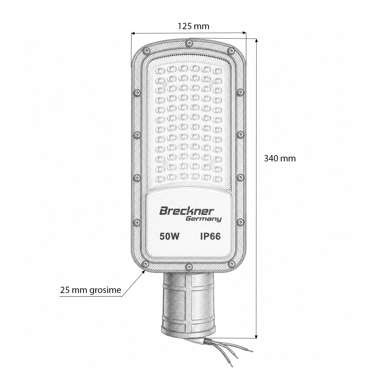 LED közúti világítólámpa 50W, 100-265V, 6500K, 5500lm oszlopra szerelhető 340x125x25mm IP66 Breckner Germany