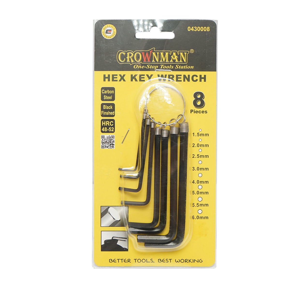 8 darabos hatszögletű csavarkulcs készlet 1,5-6 mm, szénacél HRC 48-52 Crownman