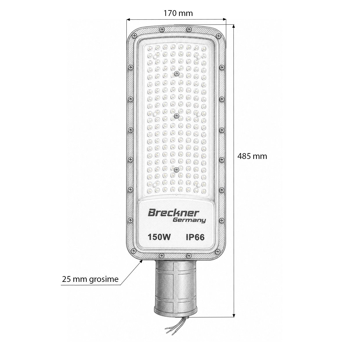 LED közúti világítólámpa 150W, 100-265V, 6500K, 16500lm oszlopra szerelhető 485x170x25mm IP66 Breckner Germany