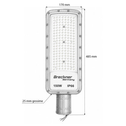 LED közúti világítólámpa 150W, 100-265V, 6500K, 16500lm oszlopra szerelhető 485x170x25mm IP66 Breckner Germany