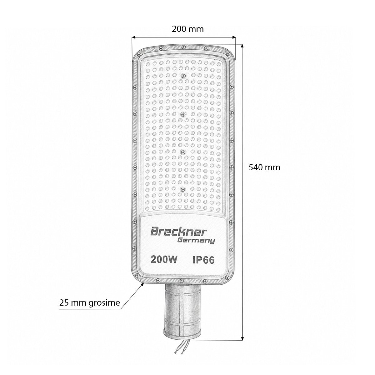 LED közúti világítás lámpa 200W, 100-265V, 6500K, 22000lm oszlopra szerelhető 540x200x25mm IP66 Breckner Germany