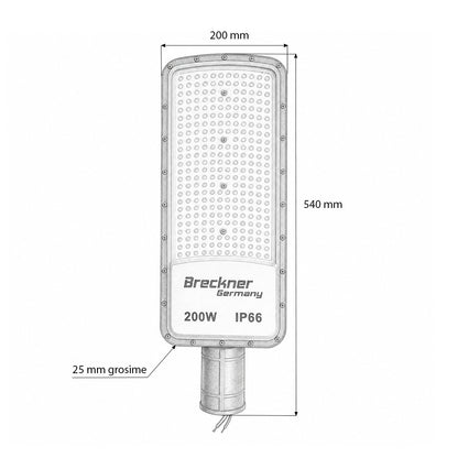 LED közúti világítás lámpa 200W, 100-265V, 6500K, 22000lm oszlopra szerelhető 540x200x25mm IP66 Breckner Germany