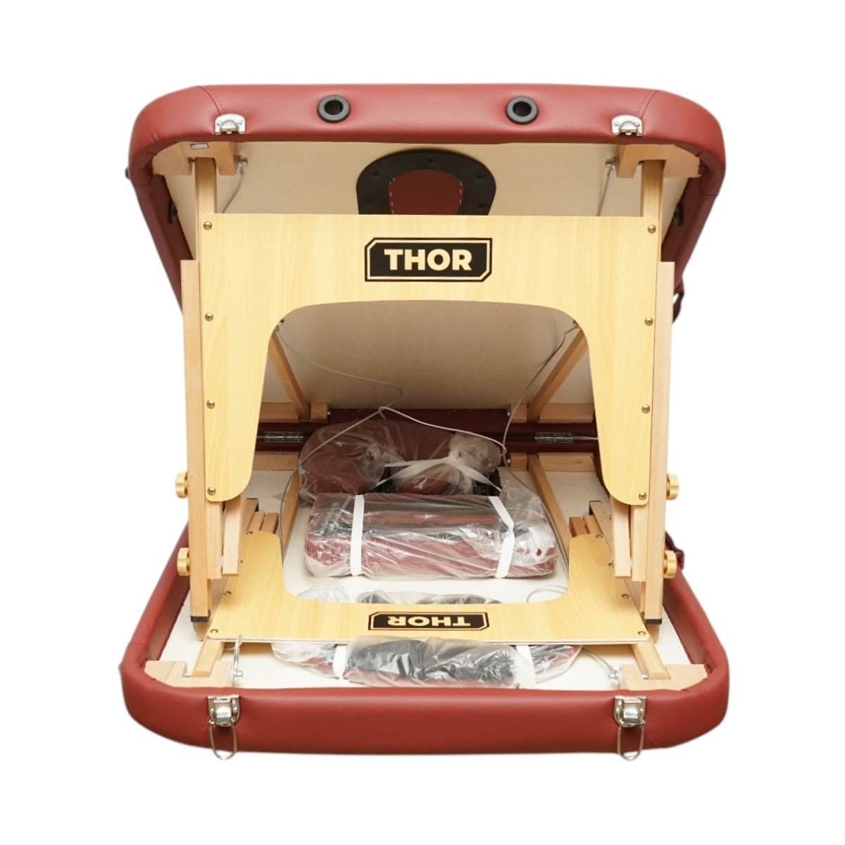 Összecsukható hordozható masszázságy 2 zónás, fa váz, 5cm hab, magasság 55-76cm, burgundy vörös ökológiai bőr 60x213cm THOR