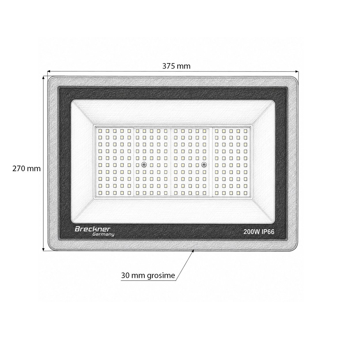 LED Reflektor 200W, 100-265V, 6500K, 20000lm Flood típus 375x270x30mm IP66 Breckner Germany