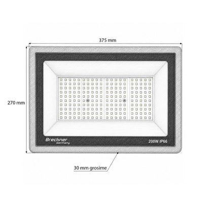 LED Reflektor 200W, 100-265V, 6500K, 20000lm Flood típus 375x270x30mm IP66 Breckner Germany