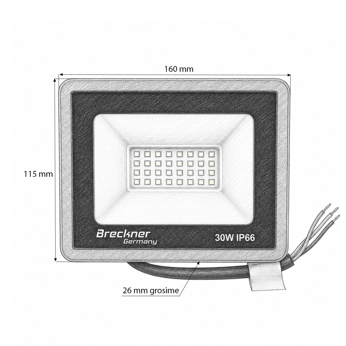 LED reflektor 30W, 100-265V, 6500K, 3000lm Flood típus 160x115x26mm IP66 Breckner Germany