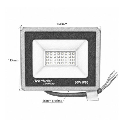 LED reflektor 30W, 100-265V, 6500K, 3000lm Flood típus 160x115x26mm IP66 Breckner Germany