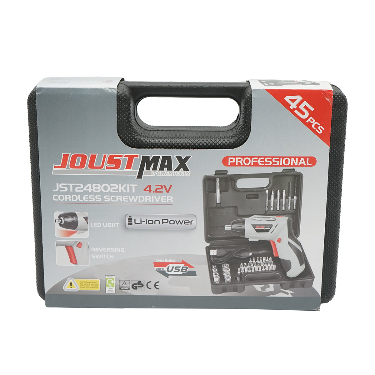 Joustmax 4.2V 1300 mAh akkumulátoros elektromos fúrógép és csavarhúzó 45 tartozékkal