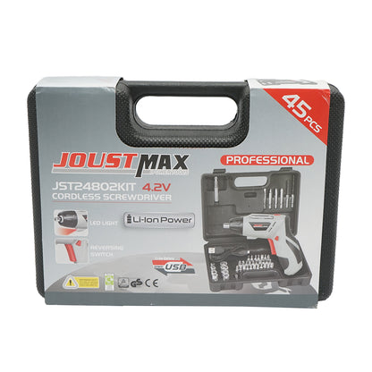 Joustmax 4.2V 1300 mAh akkumulátoros elektromos fúrógép és csavarhúzó 45 tartozékkal