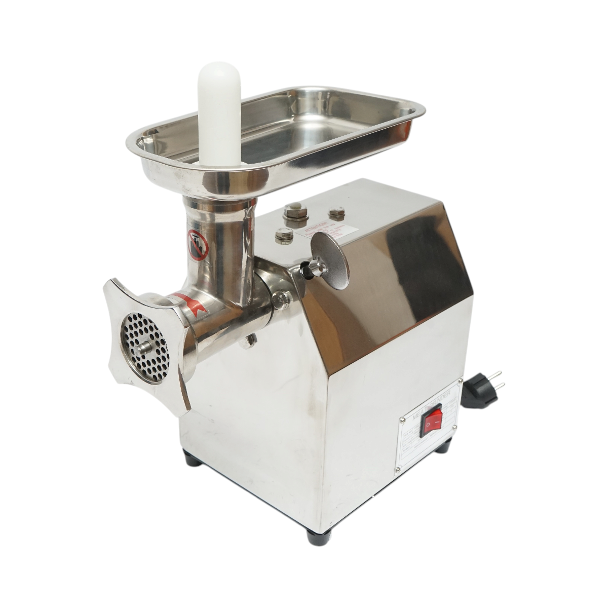 Elektromos húsdaráló rozsdamentes acél + acél 1200W, 220V, 100 kg/h kapacitás, kolbászadapter, 1 szita és 1 kés mellékelve 340x185x365mm