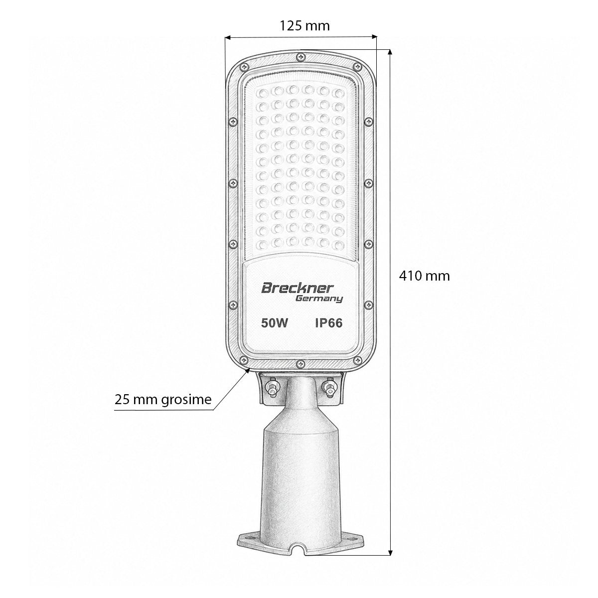 LED közúti világítólámpa 50W, 100-265V, 6500K, 5500lm oszlopra szerelhető 410x125x25mm IP66 Breckner Germany