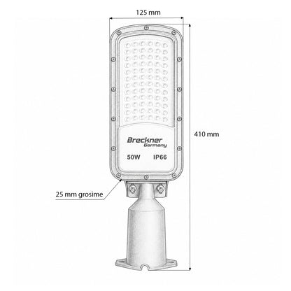 LED közúti világítólámpa 50W, 100-265V, 6500K, 5500lm oszlopra szerelhető 410x125x25mm IP66 Breckner Germany