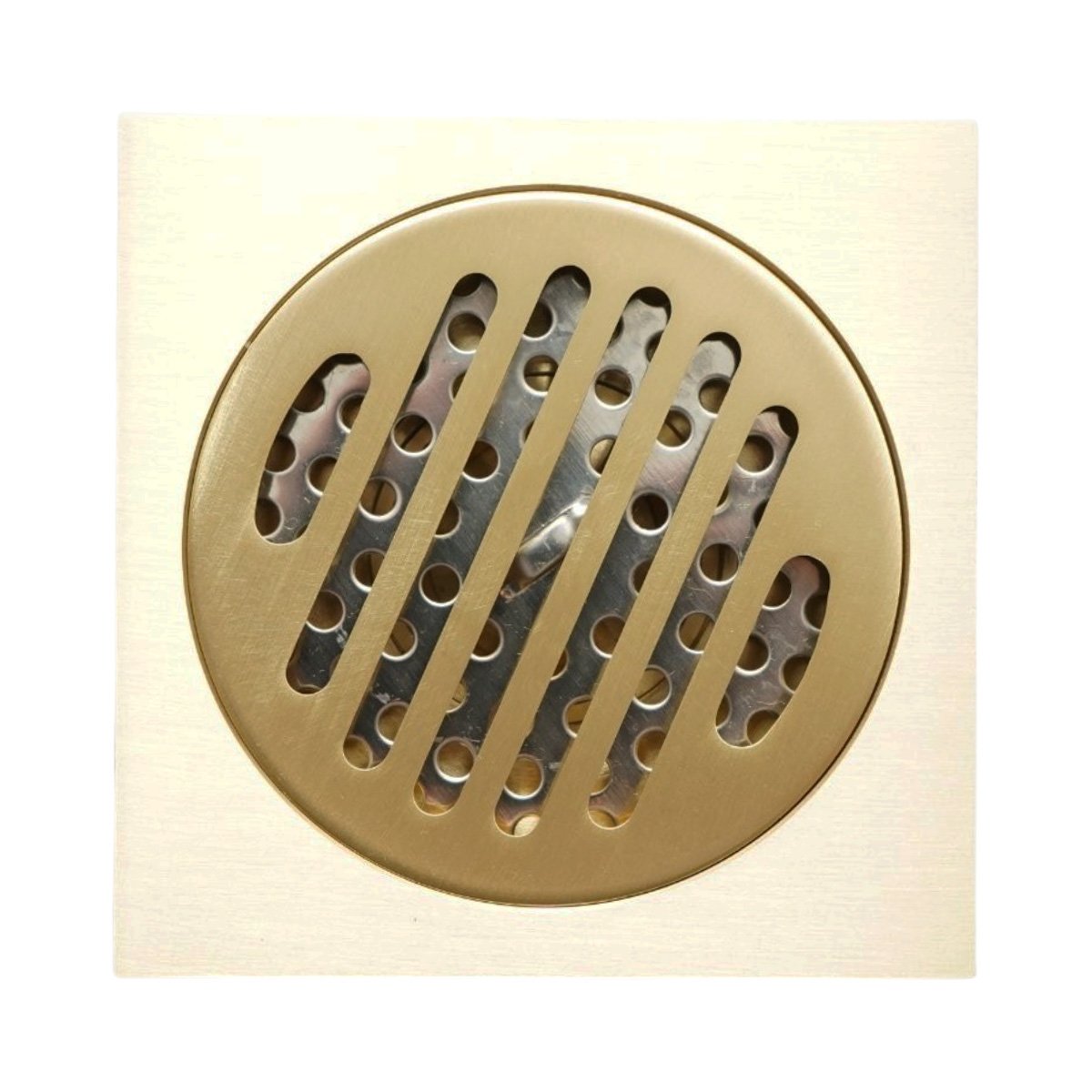 Négyzet alakú padlószifonrács, szatén arany, rozsdamentes acél 100x100mm