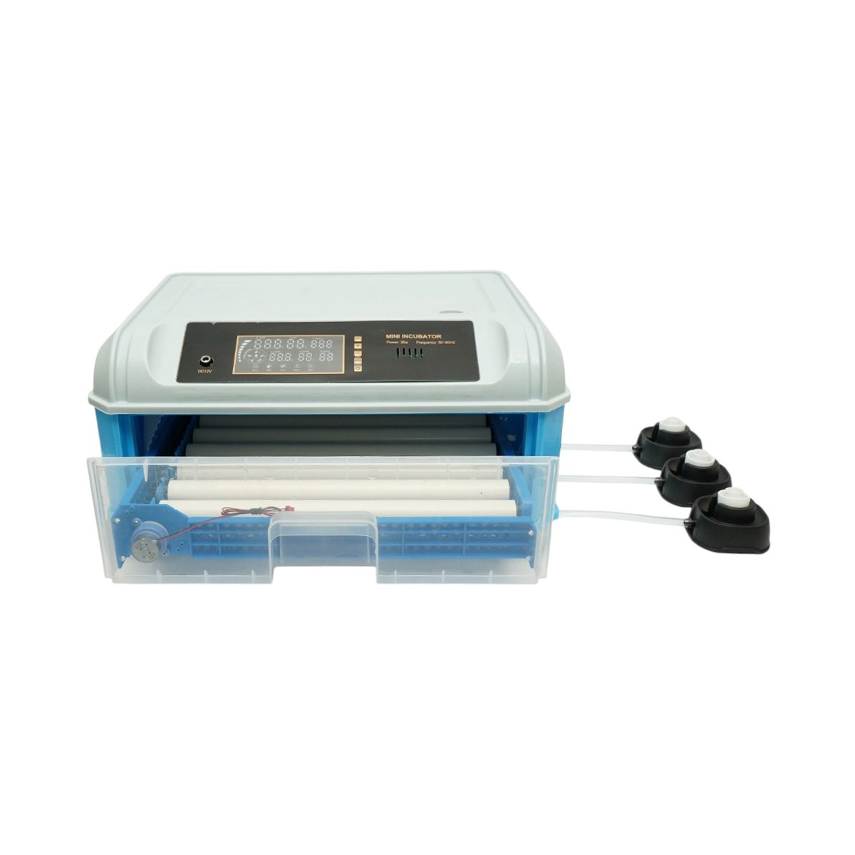 Automata tojásinkubátor, keltető gép 24 tojáshoz 35W, 12V-220V, automata forgatás, LED ovoszkóp, hőmérséklet-szabályozás, páratartalom-szabályozás, digitális kijelző, riasztás