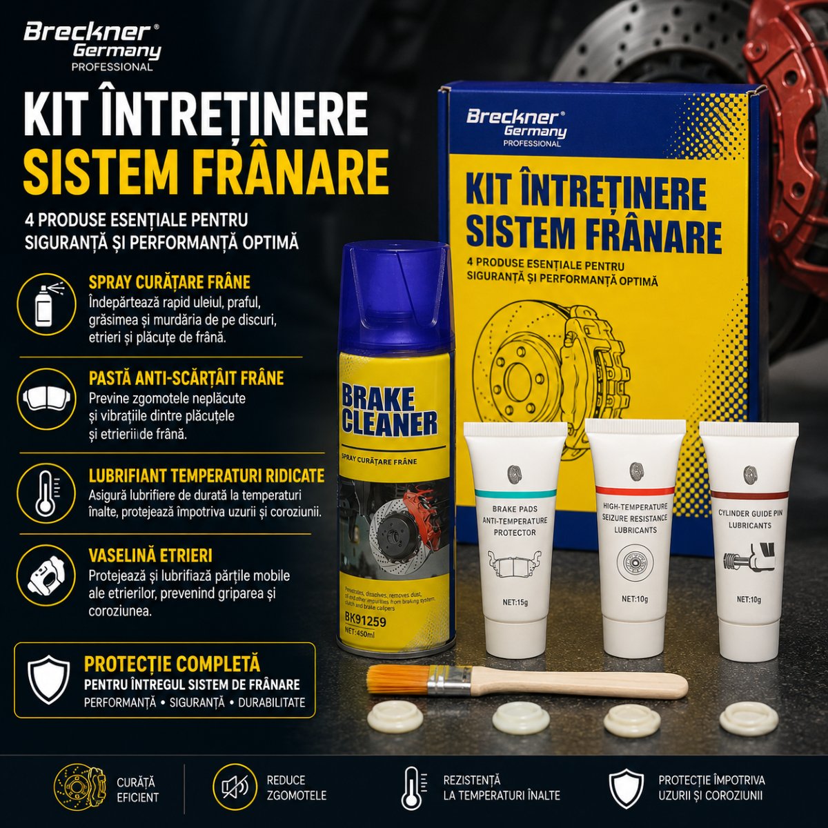 Féksystem karbantartási készlet Breckner Germany fékspray, csikorgásgátló paszta, magas hőmérsékletű kenőanyag és féknyereg vazelin