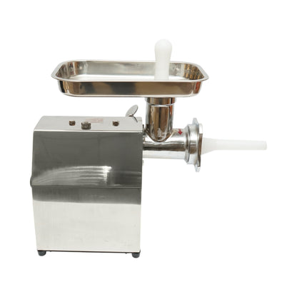 Elektromos húsdaráló rozsdamentes acél 850W, 220V, 150 kg/h kapacitás, kolbászadapter, 2 szita és 2 kés tartozékkal 380x210x415mm