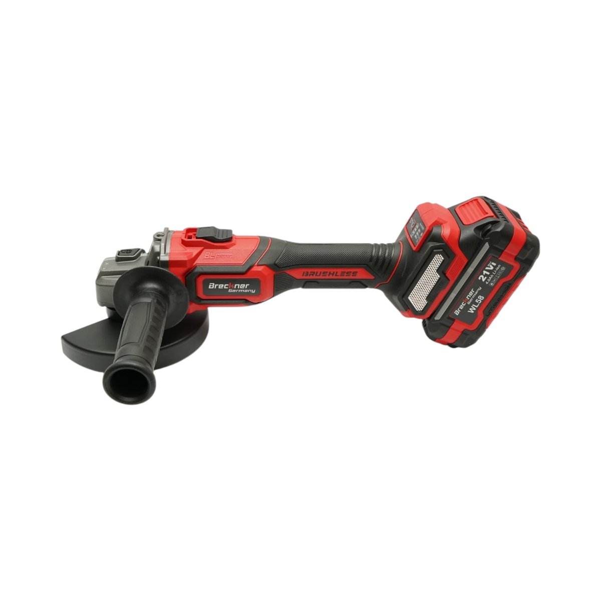 Sarokcsiszoló 1000W 2 db 21V, 4Ah Li-ion akkumulátorral, 125mm korong, brushless, elektromágneses fék, 3 fokozatú fordulatszám 5000/7000/9500rpm Breckner Germany