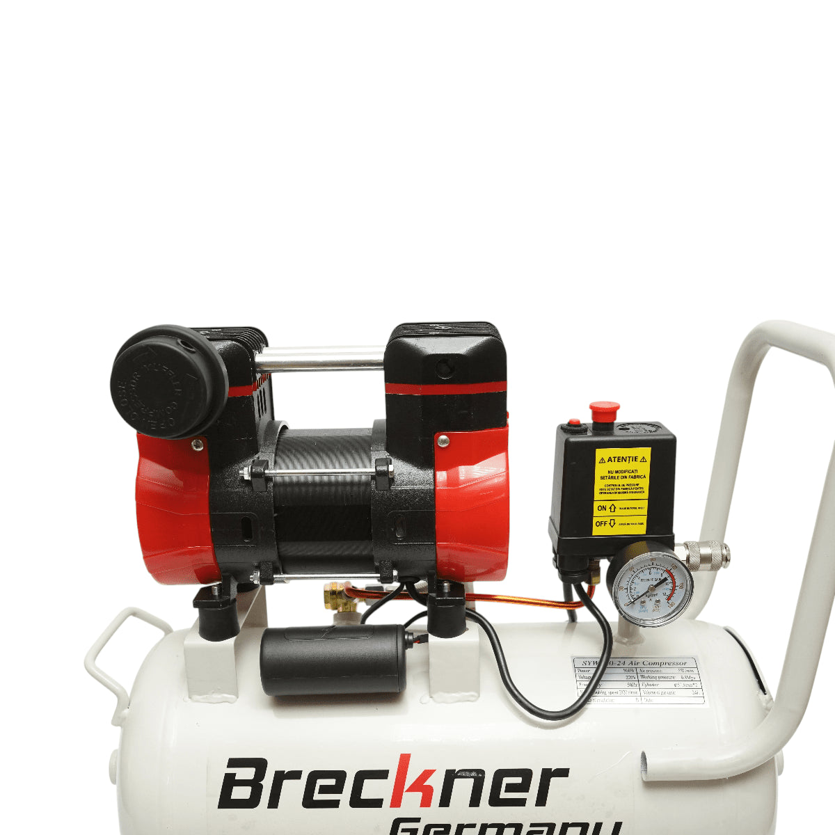24 literes légkompresszor, 2 hengeres 1 kW/1,3 LE motor, maximális nyomás 8 bar, levegőbeömlési térfogat 130 l/perc Breckner Germany