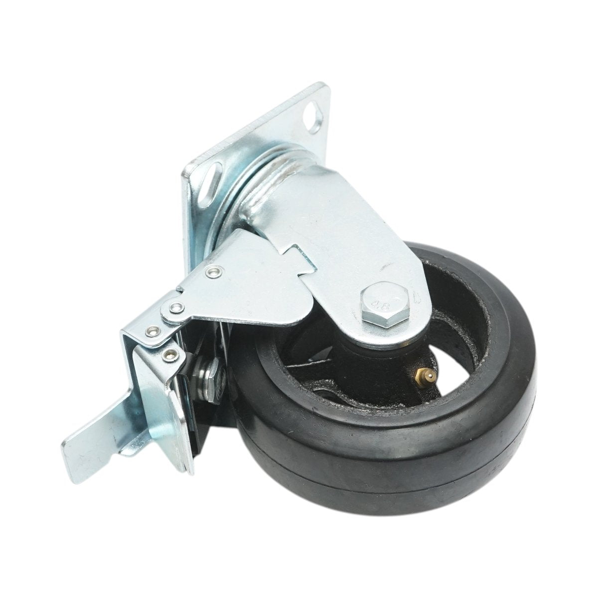 Ipari forgókerék 125x50mm fékezéssel, tömör fekete gumi, acél lemez 115x100mm 130kg