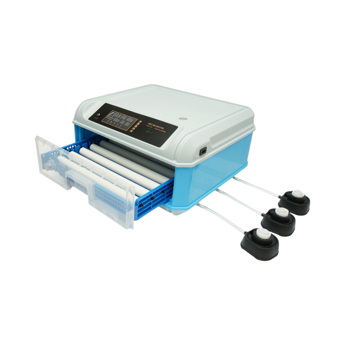 Automata tojásinkubátor, keltető gép 36 tojáshoz 35W, 12V-220V, automata forgatás, LED ovoszkóp, hőmérséklet-szabályozás, páratartalom-szabályozás, digitális kijelző, riasztás