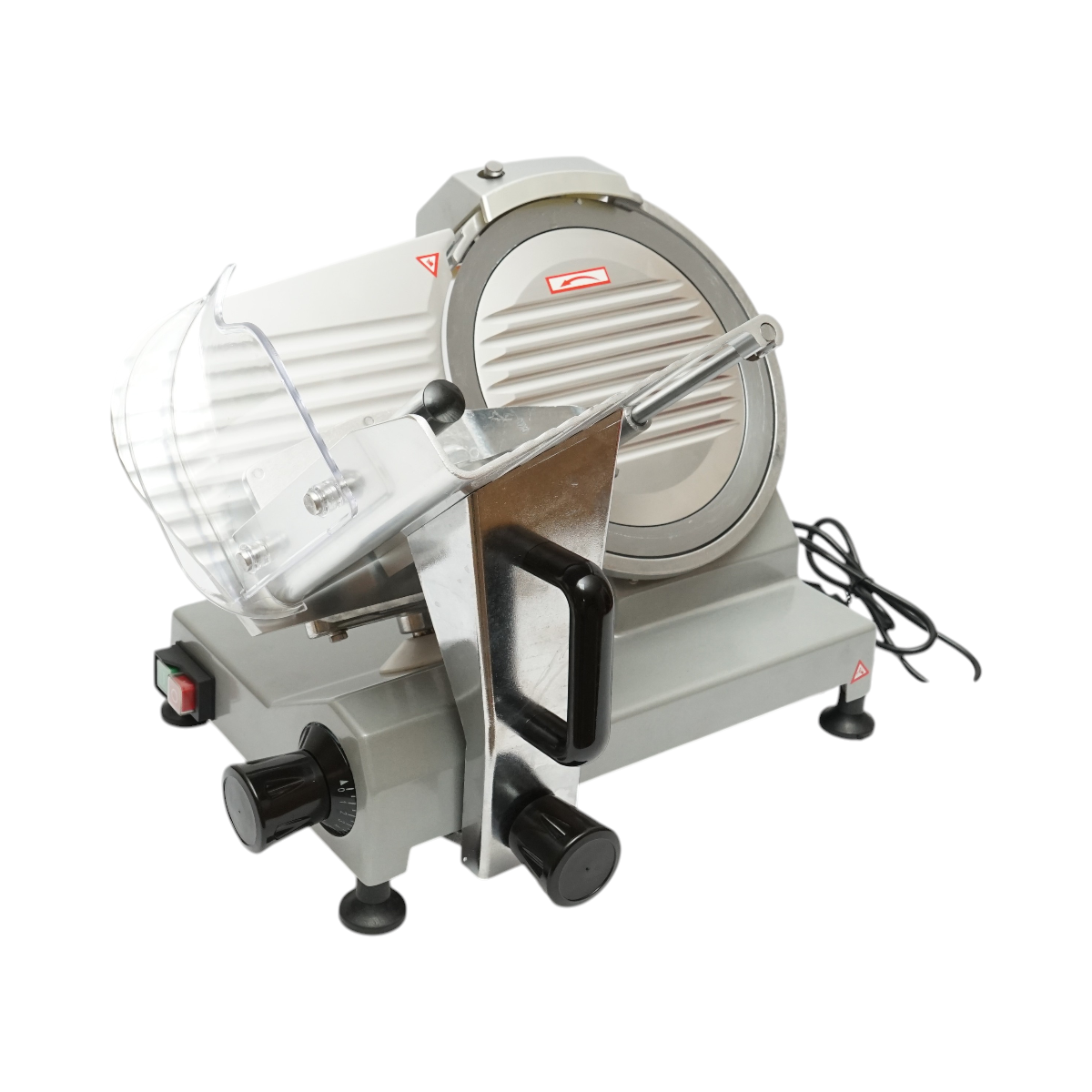Elektromos hús- és kolbászszeletelő gép 150W, 220V, állítható szeletvastagság 0.2-12mm, 250mm pengémérettel